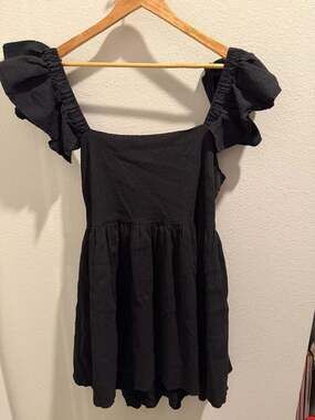 12PM by Mon Ami Black Textured Ruffle Sleeve Tie-Back Mini Dress 1X